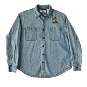 Levi Strauss Signature Denim Shirt, Christmas Tree Embroidered Shirt, Y2K/VTG